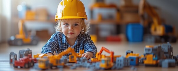 Naklejka premium Handsome boy dressed as an engineer, playing with toy excavators, cranes, and houses, reflecting his dream of becoming an engineer and building great things