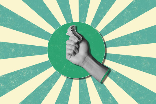 Modern art collage in retro style,, hand holding a stack of money. Financial development and income increase.