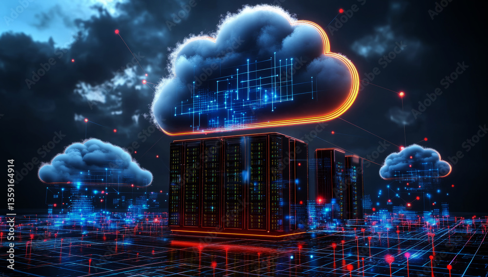 Poster 3d render of a cloud server with a network connection and digital data, a futuristic illustration of