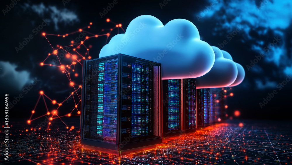 Poster 3d render of a cloud server with a network connection and digital data, a futuristic illustration of