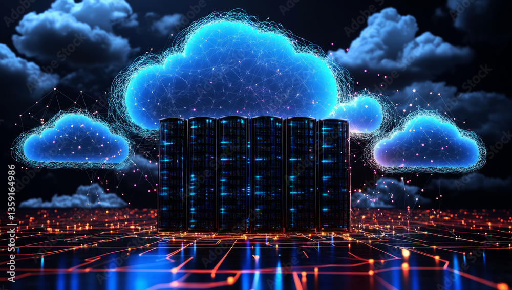 Poster 3d render of a cloud server with a network connection and digital data, a futuristic illustration of
