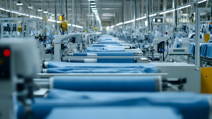 A modern textile production facility, featuring high-tech robotic sewing machines and automated fabric dyeing stations