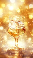 Elegant whiskey glass with sparkling ice against a warm golden bokeh background for celebration