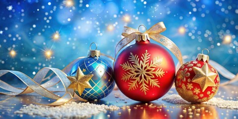 A festive arrangement of red and blue Christmas ornaments adorned with gold snowflake and star accents, resting on a snowy surface against a sparkling blue backdrop.