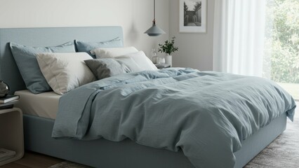 Modern bedroom with light blue bedding, soft pillows, and minimalist decor, evoking comfort and relaxation