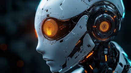 Close-up of futuristic robot head, profile view, dark background, glowing eyes