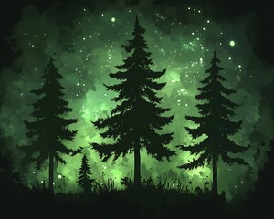 Obraz premium A beautiful green nighttime forest scene with silhouettes of trees