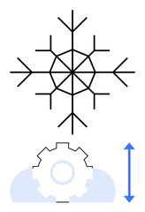 Snowflake shape above gear element with up and down arrow signaling change. Ideal for transformation, process, adaptation, winter, industry, mechanics, innovation. Flat simple metaphor