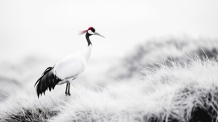 Majestic red crowned crane standing in a desaturated wetland its elegant form beautifully highlighted