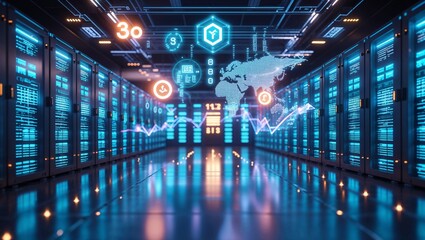 High tech server room with glowing blue lights, digital holograms, and futuristic AI technology. Perfect for cybersecurity, big data, and cloud computing concepts.