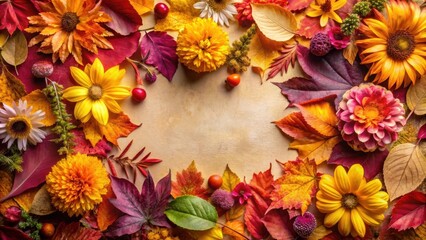 A Rustic Autumnal Frame of Vibrant Flowers and Colorful Leaves