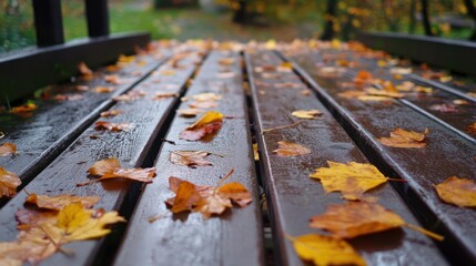 Autumnal Bridge: Wet Wooden Planks Adorned with Golden Leaves