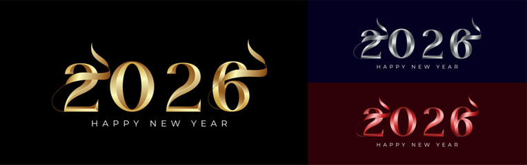 Happy New Year 2026 elegant 3d shiny silver and gold with ribbon, celebration, greeting card, invitation, calendar concept. Design template post new year 2026.