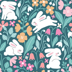 Seamless vector pattern with cute white rabbits on floral background. Hand drawn Easter bunny pattern. EPS 10 vector file. Perfect for textile, wallpaper or nursery print design.