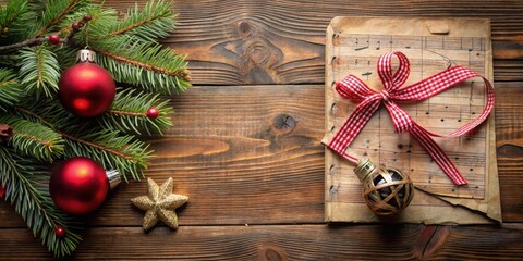 A Christmas Ornament and Sheet Music Decorated with a Red and White Bow Resting on a Rustic Wooden Surface