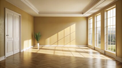 Obraz premium A bright and airy room with large windows, featuring a light-filled space with warm yellow walls and hardwood flooring, perfect for showcasing furniture or home decor.