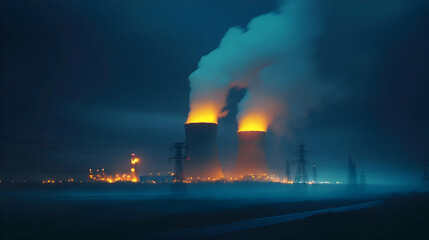 Fototapeta premium A night-time view of a nuclear station, glowing with artificial lights and steam rising dramatically into the dark sky