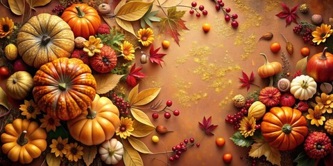 Fototapeta premium A Bountiful Harvest of Autumnal Delights, With Pumpkins, Leaves, Berries, and Flowers, Arranged in a Festive Display