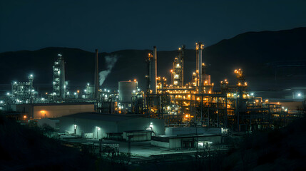 Fototapeta premium A night-time view of a sugar factory, its golden lights illuminating the surrounding industrial complex