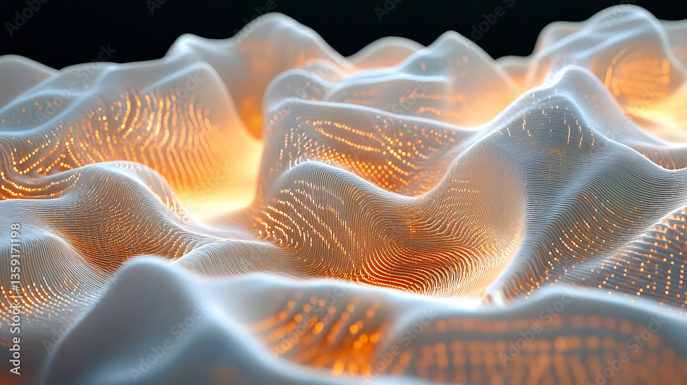 Poster big data processing. abstract artificial neural network. cyber field of wavy particles. 3d illustrat