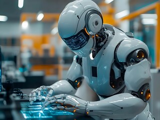 Humanoid robot manipulating industrial control panel, representing advanced automation technology within high-tech manufacturing environment