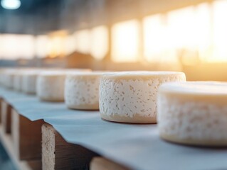 Cheese wheels maturing on shelf