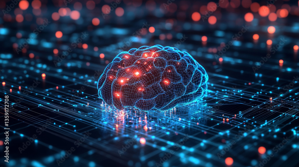 Poster synthetic mind, artificial intelligence 3d illustration. programming cpu impulses of neural networks