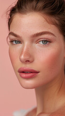 Fototapeta premium Portrait of a Beautiful Woman with Freckles and Blue Eyes on Pink Background