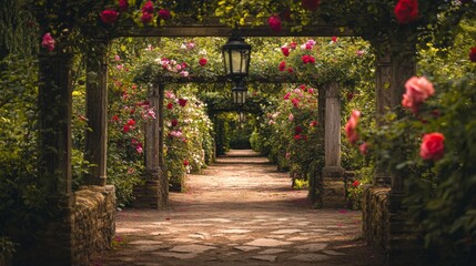 Obraz premium A beautiful garden path lined with blooming roses and greenery. It invites you to explore its tranquil beauty. Nature inspires relaxation and peace. Generative AI