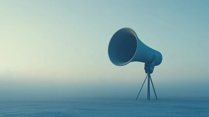 Lone megaphone in foggy desert landscape; announcement concept, communication