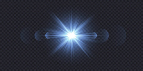 Obraz premium Realistic flashlight with bokeh effect on transparent background, glowing light burst with radiant beams and lens flare effect. Blue energy explosion overlay for sci-fi, tech png moonlight bg.
