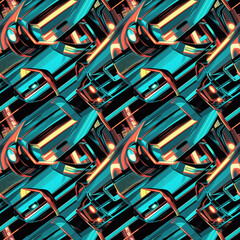 Retro-futuristic concept car in art deco city with neon lights