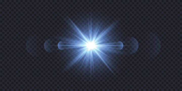 Realistic flashlight with bokeh effect on transparent background, glowing light burst with radiant beams and lens flare effect. Blue energy explosion overlay for sci-fi, tech png moonlight bg.