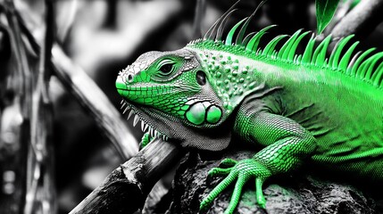 Fototapeta premium Neon green lizard resting on a desaturated rock its scaly skin gleaming in contrast