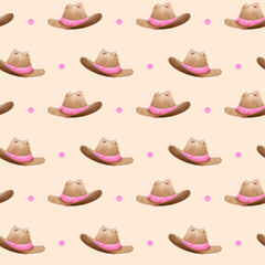 Minimalist repeating pattern featuring brown cowboy hats with pink hatbands and soft pink dots on beige backdrop