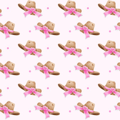 Romantic repeating pattern of brown cowboy hats decorated with pink heart bows on pale pink backdrop with dots