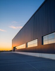 Obraz premium Modern Industrial Warehouse at Sunset with Clear Sky