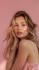 Obraz premium Beautiful Woman with Blonde Hair and Glowing Skin Posing Against Pink Background