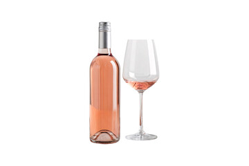 A variation of a rosé wine bottle, paired with a partially filled wine glass, featuring a silver screw cap and a more rounded glass shape, isolated on a transparent background