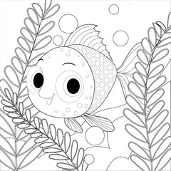 Baby fish black and white perfect for colouring book. Underwater world. outline vector Black and white illustration for colouring book page.