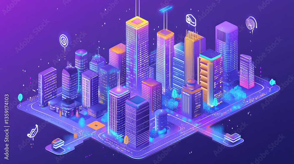 Poster digital city in hitech. circuit board and hardware 3d illustration. wireless internet technologies. 