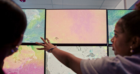 Screen, weather and people for broadcast discussion with news, research and reporter. Presenter,...