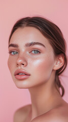 Obraz premium Portrait of a Beautiful Young Woman with Freckles and Natural Makeup on Pink