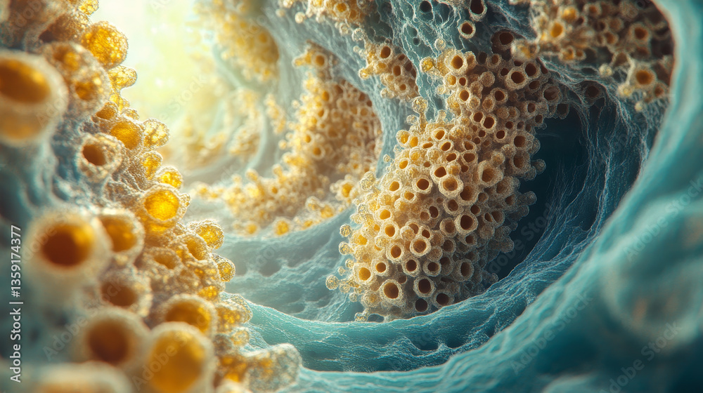 Poster hexagonal nano grid. molecular network of connected honeycombs. neural network. concept of nanotechn