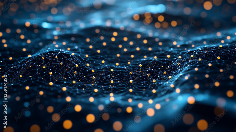 Poster hexagonal nano grid. molecular network of connected honeycombs. neural network. concept of nanotechn