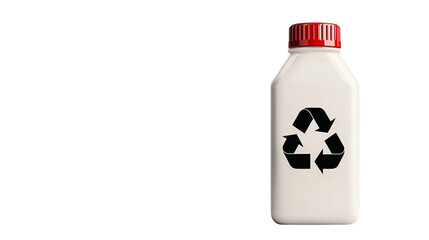 Fototapeta premium White recyclable bottle with a red cap and a black recycling symbol, promoting sustainability.