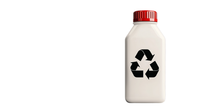 White recyclable bottle with a red cap and a black recycling symbol, promoting sustainability.