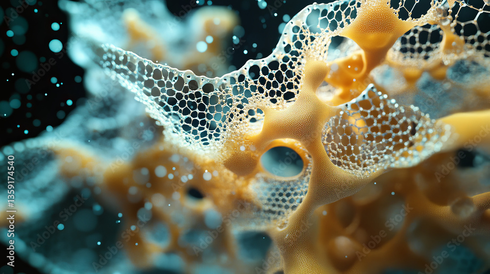 Poster hexagonal nano grid. molecular network of connected honeycombs. neural network. concept of nanotechn