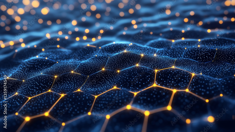 Poster hexagonal nano grid. molecular network of connected honeycombs. neural network. concept of nanotechn