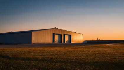 Fototapeta premium Modern Industrial Warehouse at Sunset with Clear Sky